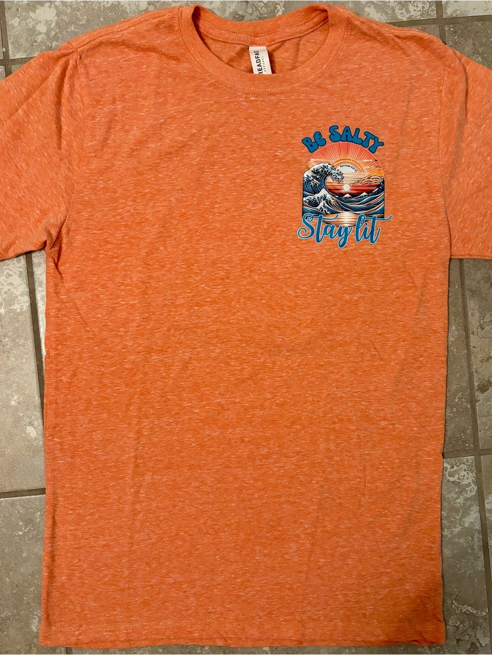 Be Salty Stay Lit Graphic Tee Small- Beach Surf Coastal Sunset Shirt, Heather